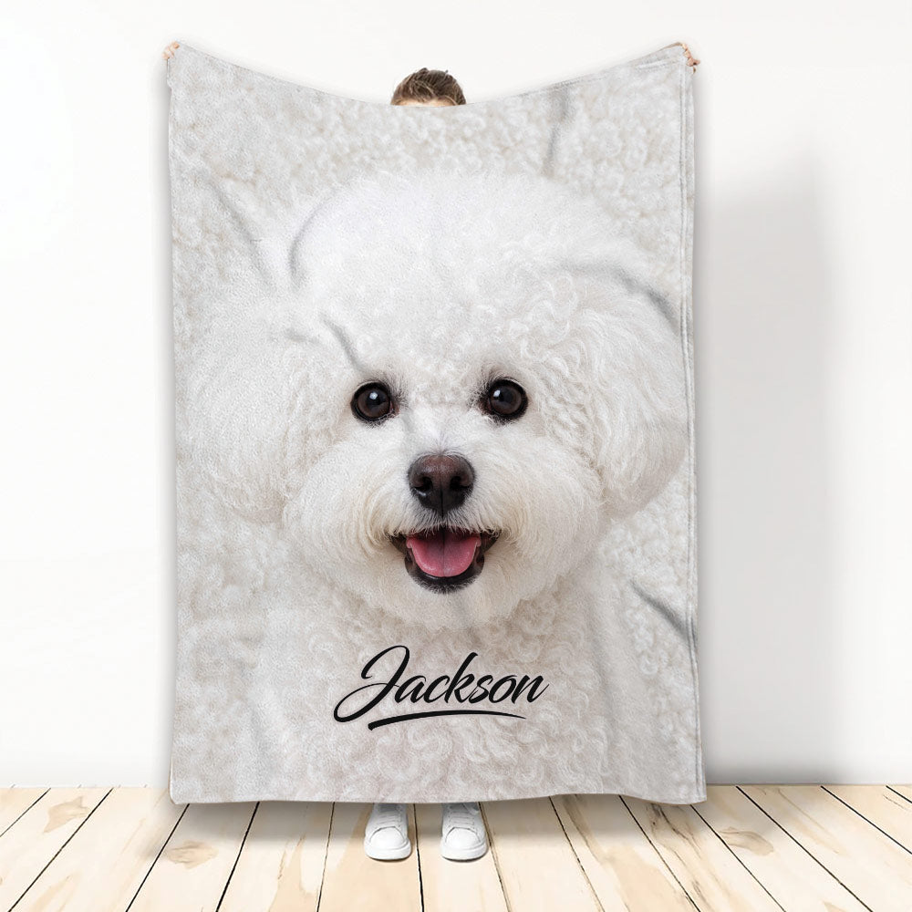 White curly Bichon Frise dog design displayed on a blanket in a bright room