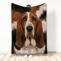 Basset Hound blanket featuring a close-up brown and white dog portrait with distinctive long ears