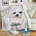 Maltese dog blanket draped over a sofa in a cozy reading room