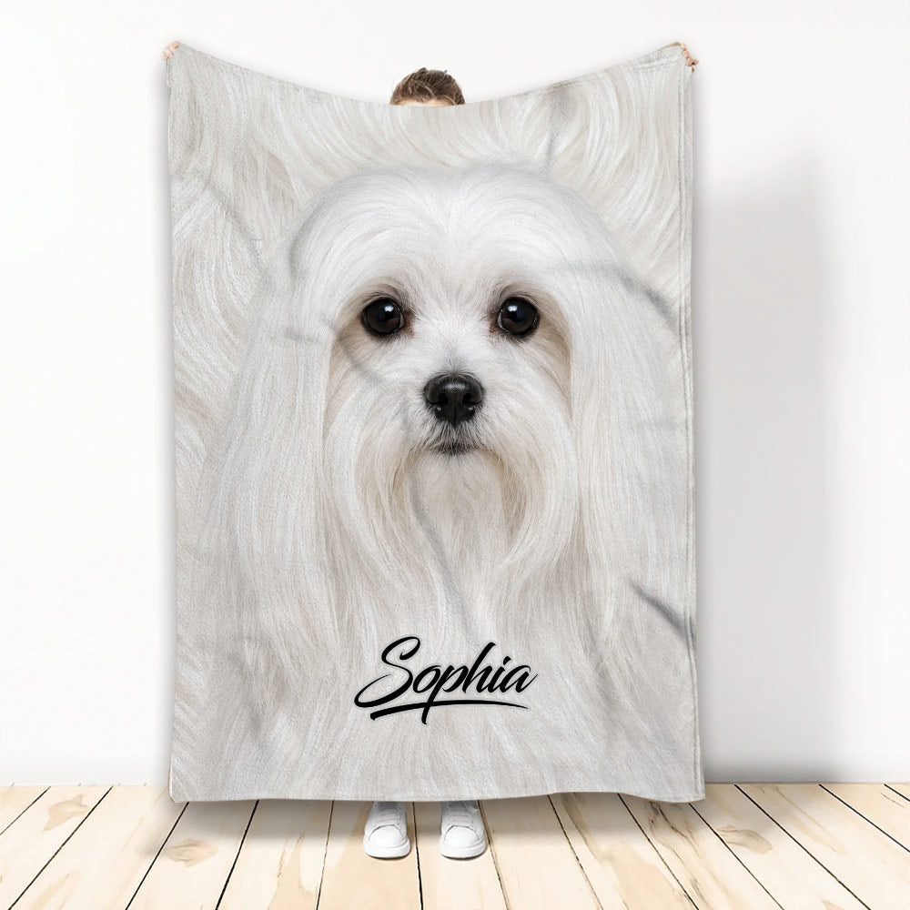 Maltese dog throw blanket displayed upright with a soft white long-haired dog design
