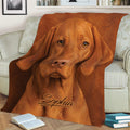 Close view of a Vizsla dog throw blanket styled across a sofa with books
