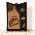 Custom taco blanket displayed with bold taco artwork, sombrero icon, chili pepper, and warm brown tones