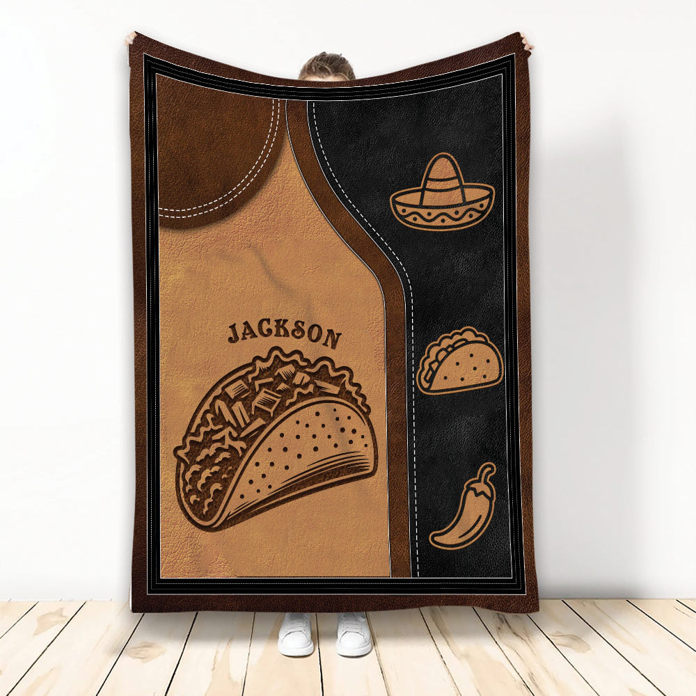 Custom taco blanket displayed with bold taco artwork, sombrero icon, chili pepper, and warm brown tones