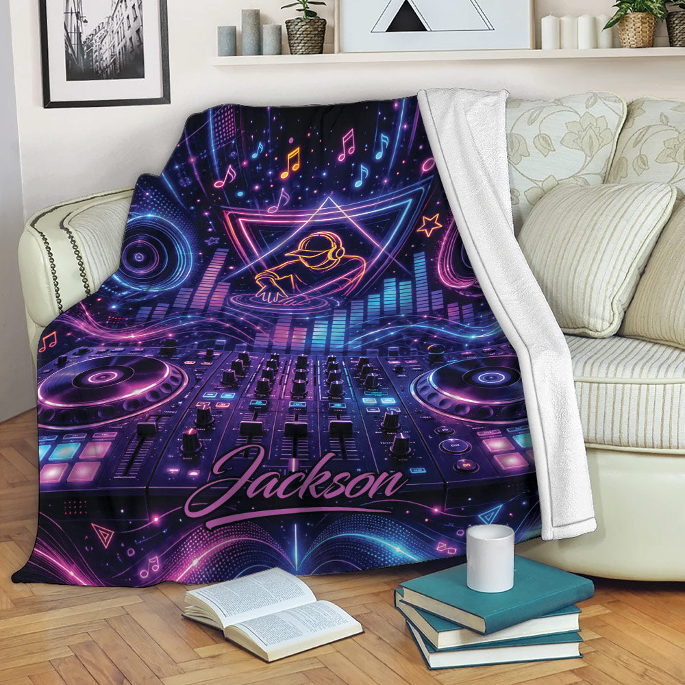 Neon DJ blanket draped over a sofa with turntables, mixing controls, music notes, and vibrant purple artwork