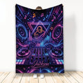 DJ throw blanket featuring neon turntables, headphones, music notes, and colorful electronic music artwork