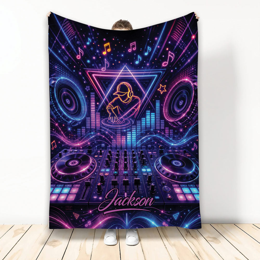 DJ throw blanket featuring neon turntables, headphones, music notes, and colorful electronic music artwork