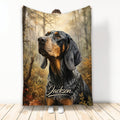 Bluetick Coonhound blanket displayed against a forest scene with detailed black, white, and tan dog artwork
