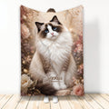 Ragdoll cat throw blanket with a fluffy blue-eyed cat surrounded by elegant floral artwork