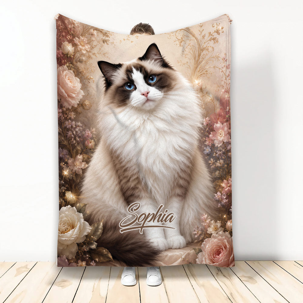 Ragdoll cat throw blanket with a fluffy blue-eyed cat surrounded by elegant floral artwork
