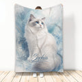 Ragdoll cat throw blanket featuring a fluffy blue-eyed cat in icy blue watercolor artwork
