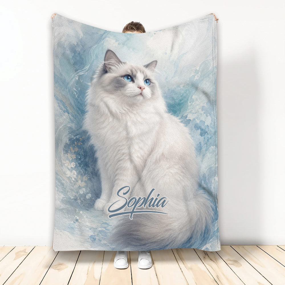 Ragdoll cat throw blanket featuring a fluffy blue-eyed cat in icy blue watercolor artwork
