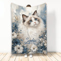 Ragdoll cat throw blanket with blue eyes, blue floral artwork, and a soft painterly design