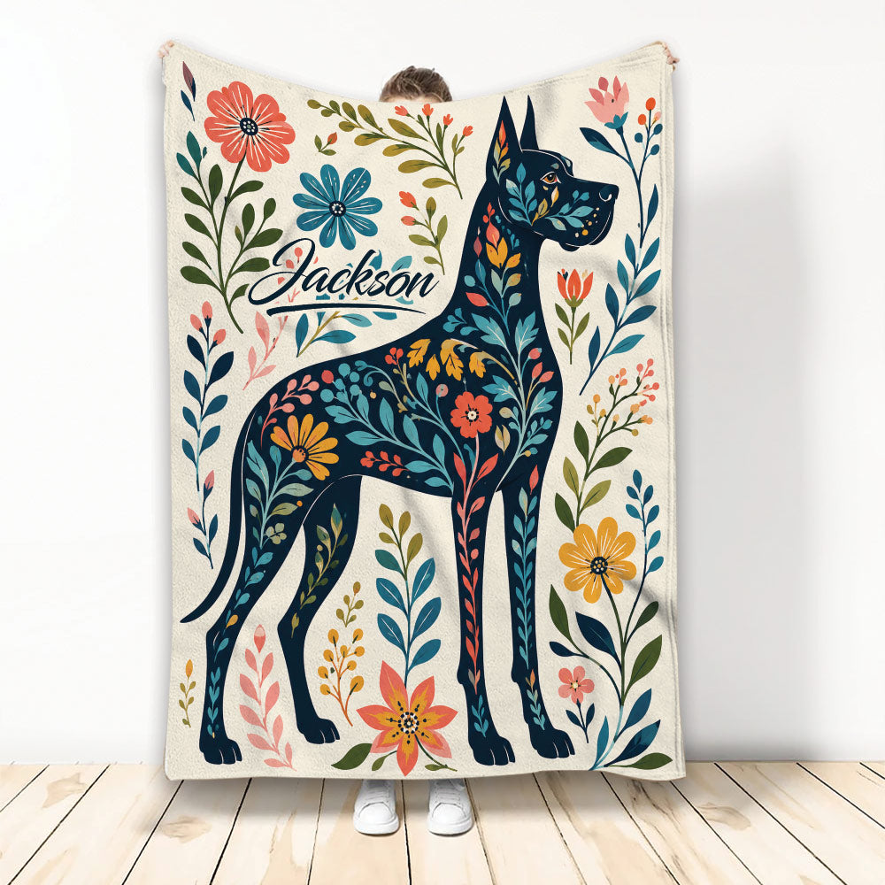 Floral Great Dane throw blanket with bold botanical artwork in navy, teal, coral, mustard, and cream