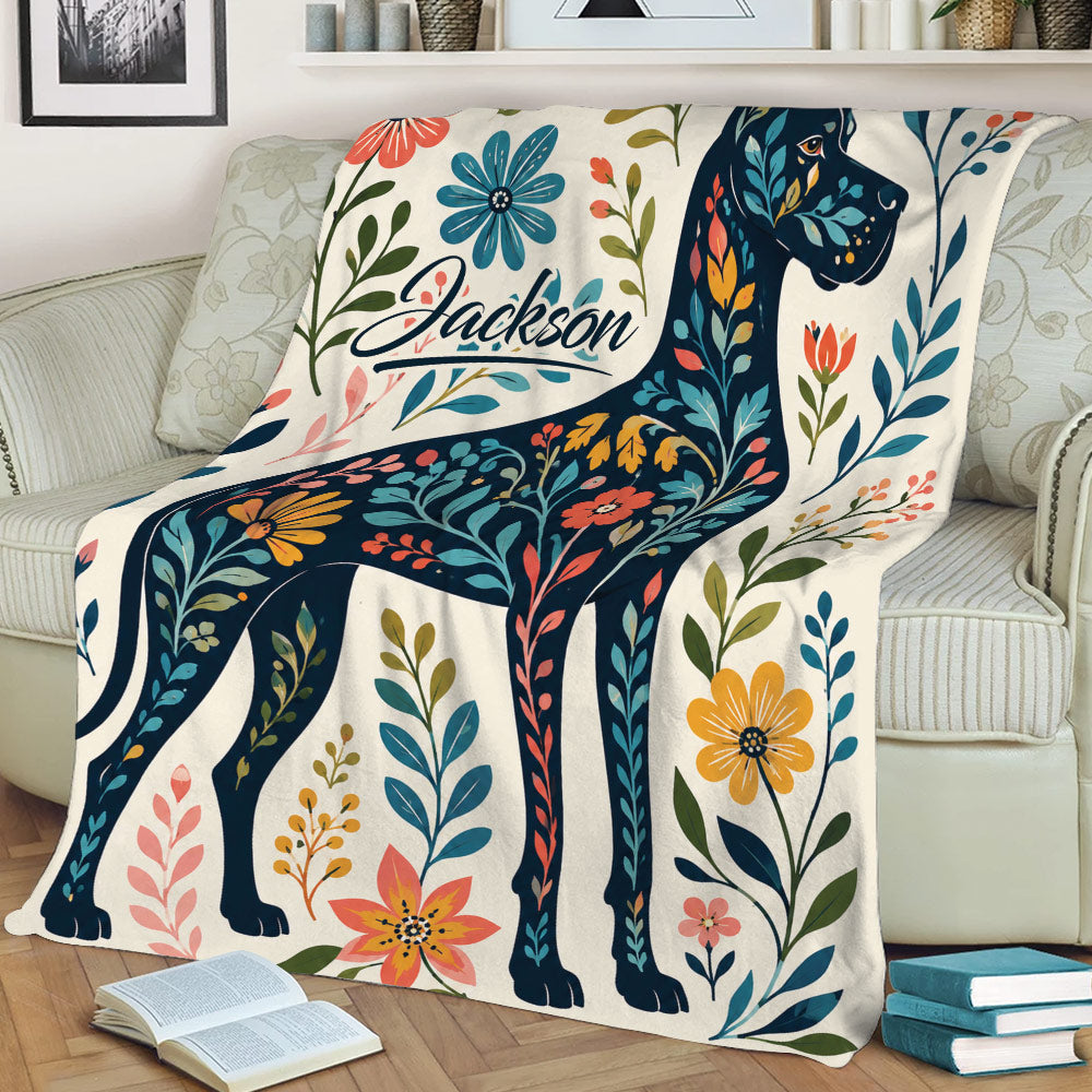 Great Dane throw blanket displayed on a sofa with vibrant floral and leafy artwork