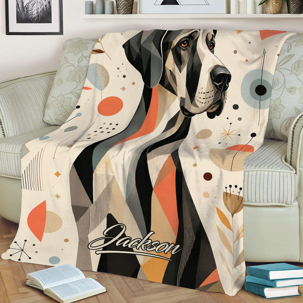 Great Dane blanket draped over a sofa, featuring bold abstract dog artwork