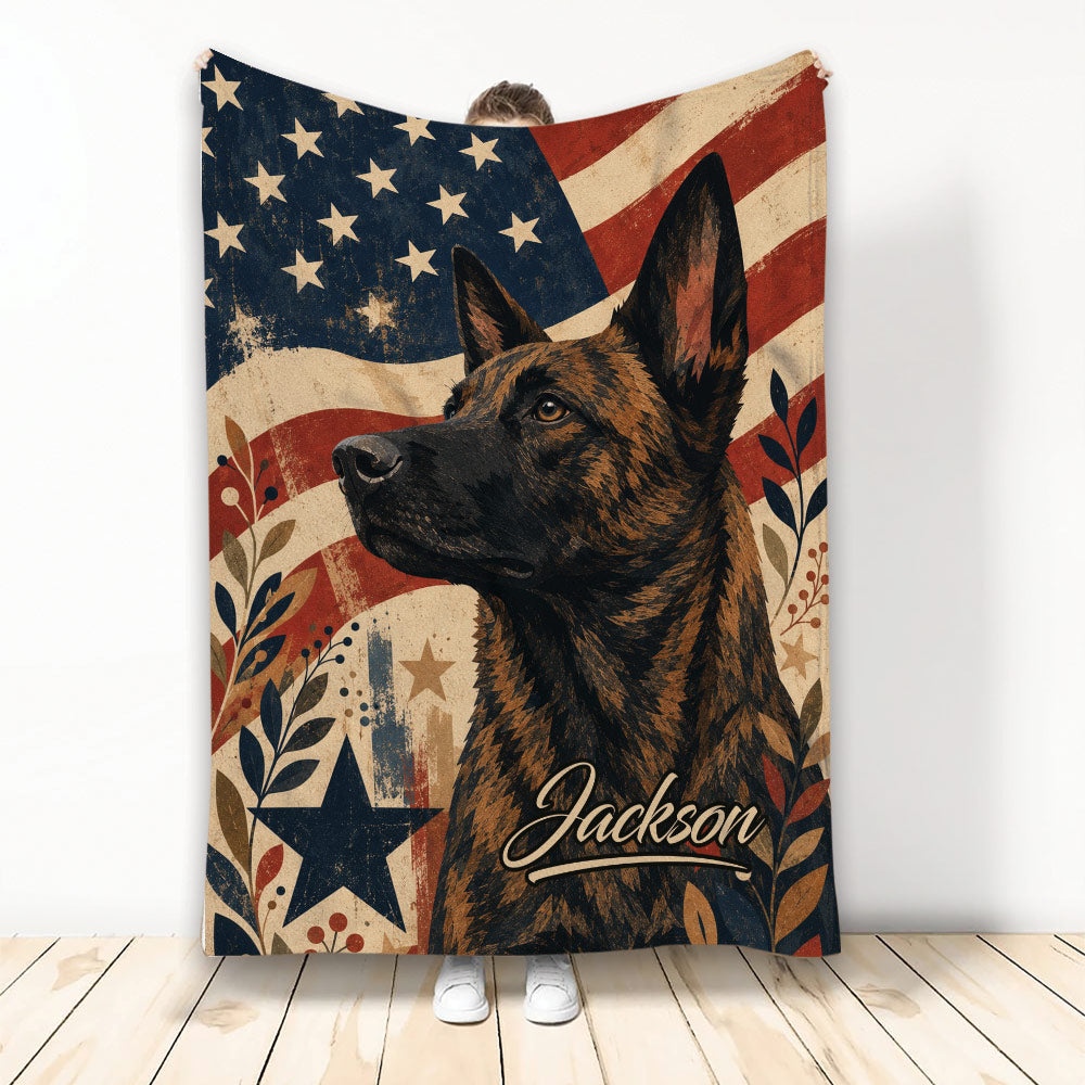Dutch Shepherd blanket with vintage American flag artwork, stars, leaves, and warm patriotic colors