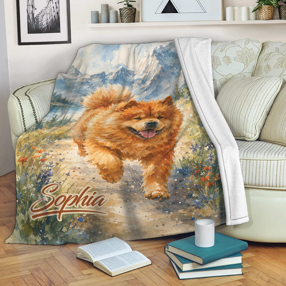 Chow Chow throw blanket displayed on a sofa with watercolor mountain and wildflower artwork