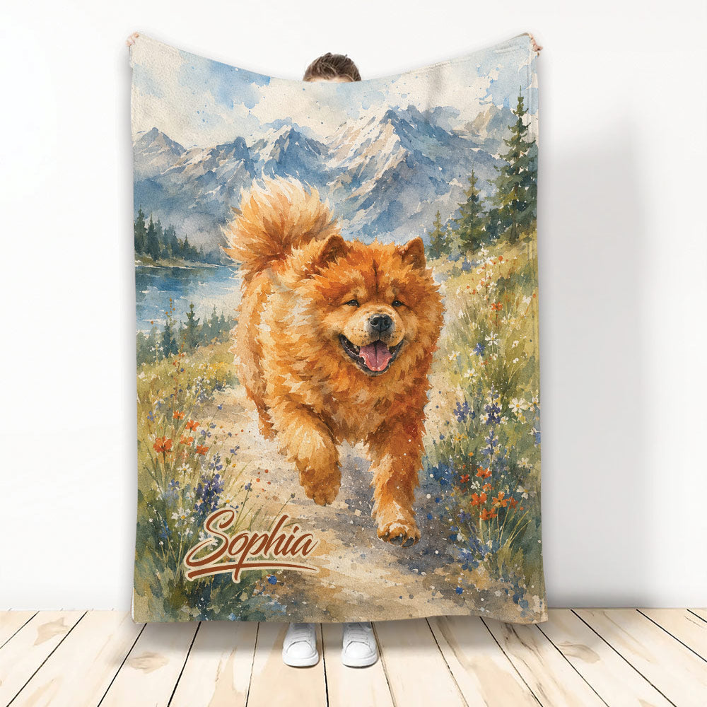 Custom Chow Chow blanket featuring a fluffy dog in a watercolor mountain meadow scene