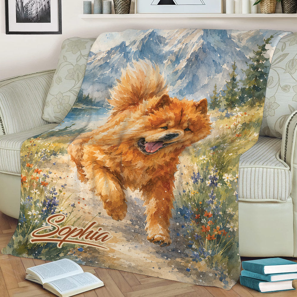 Watercolor Chow Chow dog throw blanket draped across a sofa in a cozy living room