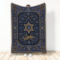 Blue and gold Hanukkah blanket with ornate floral details and Stars of David