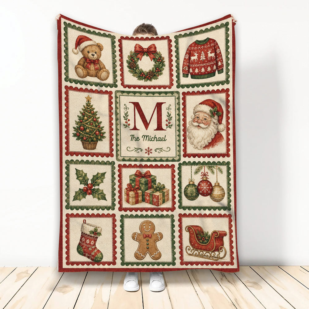 Christmas throw blanket with vintage Santa, teddy bear, ornaments, gifts, wreath, tree, and gingerbread artwork