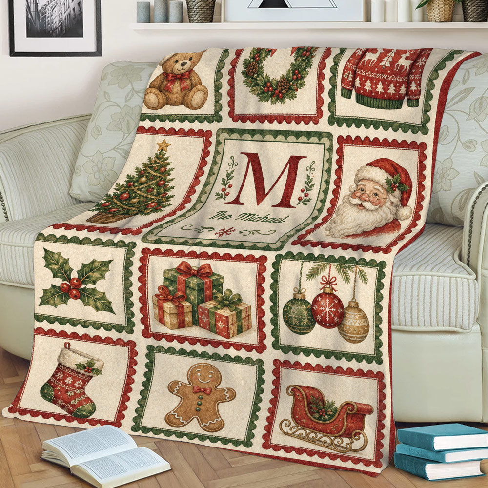 Christmas couch blanket featuring a classic holiday collage of Santa, wreaths, gifts, ornaments, and gingerbread