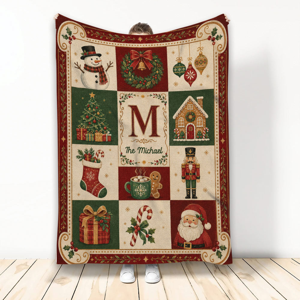 Christmas throw blanket with Santa, snowman, ornaments, tree, wreath, and traditional red and green holiday artwork