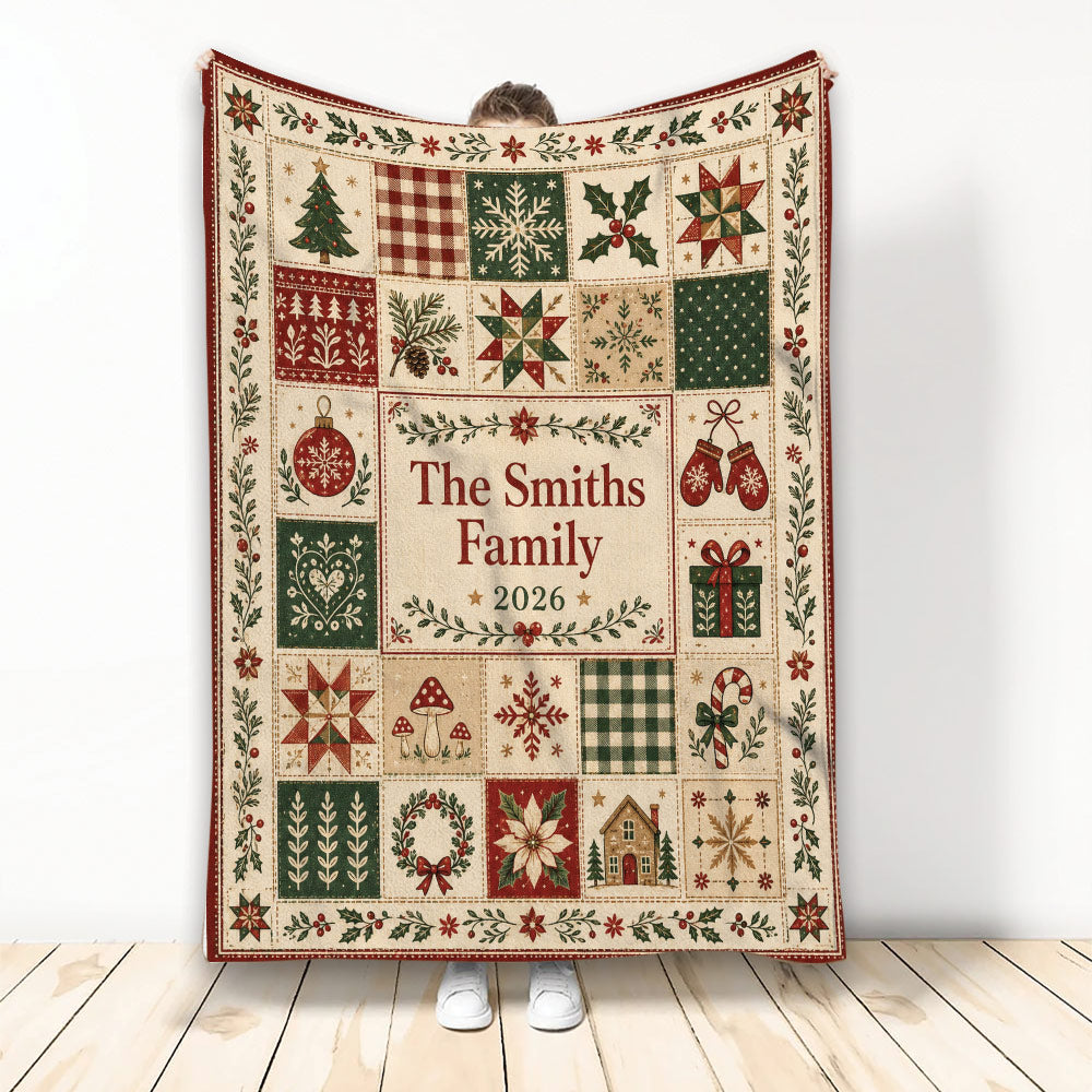 Christmas throw blanket with festive patchwork panels, ornaments, stockings, gifts and holiday greenery