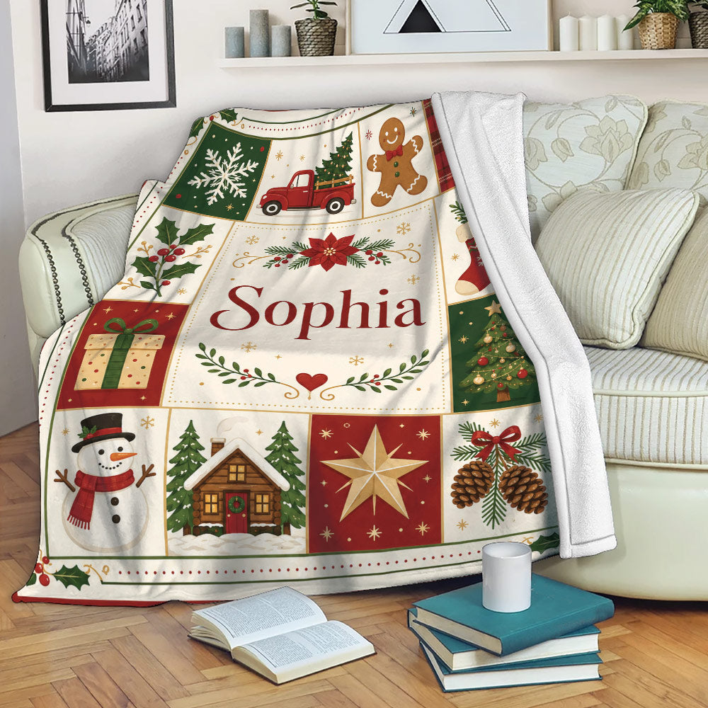 Christmas throw blanket displayed on a sofa with colorful holiday patchwork artwork and cozy living room styling
