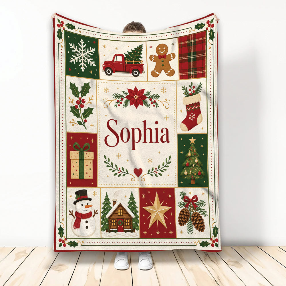 Christmas throw blanket with festive patchwork panels, holly, snowman, gifts, tree, gingerbread, and holiday artwork