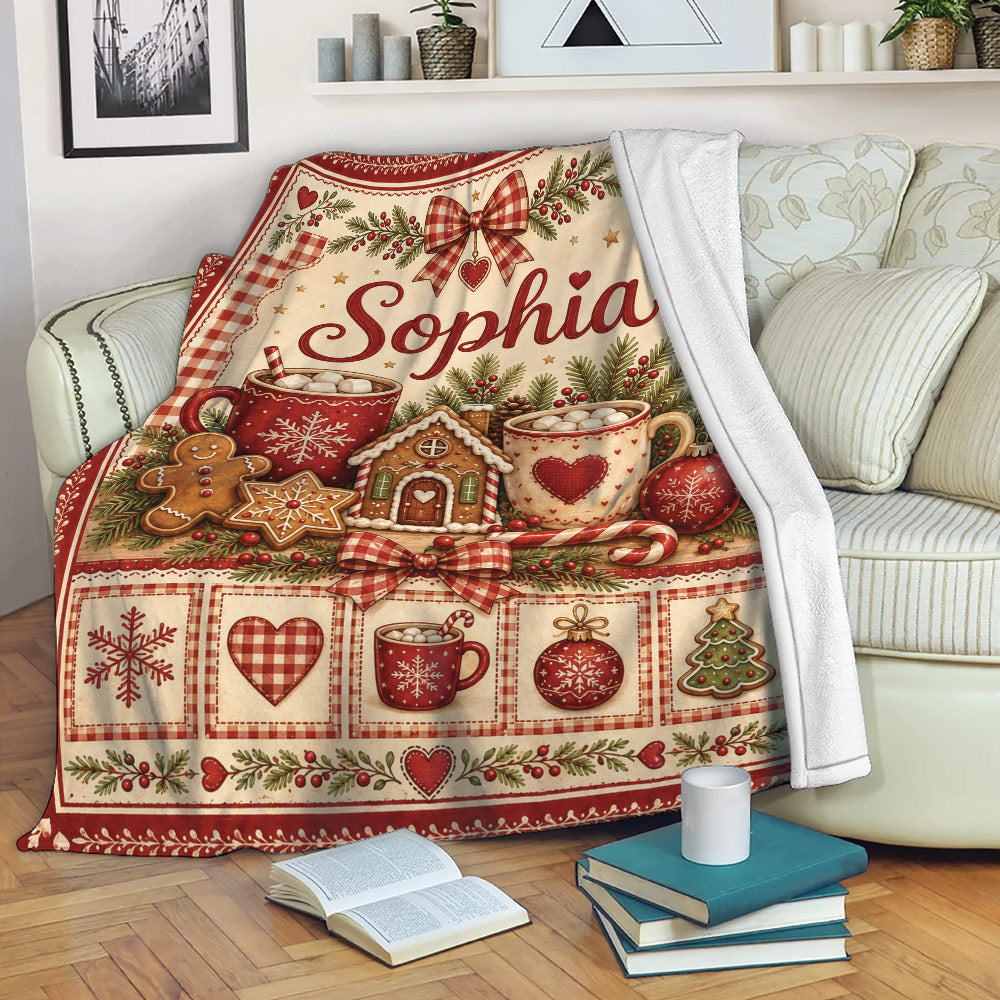 Christmas throw blanket displayed on a sofa with cocoa mugs, gingerbread treats, ornaments, and festive greenery