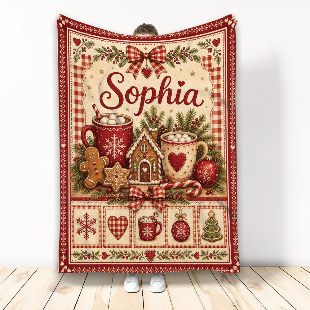 Custom Christmas blanket with vintage holiday mugs, gingerbread treats, bows, greenery, and red plaid accents