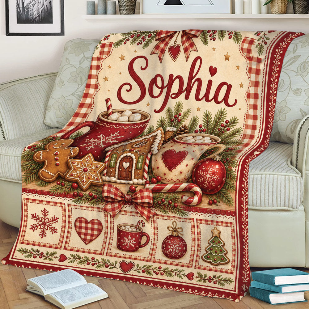 Cozy holiday throw blanket draped over a sofa with vintage Christmas cocoa and gingerbread artwork