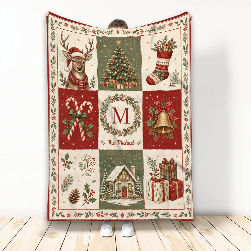 Christmas throw blanket displayed upright with a reindeer, decorated tree, stocking, gifts, bells, and candy canes