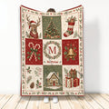 Christmas throw blanket displayed upright with a reindeer, decorated tree, stocking, gifts, bells, and candy canes