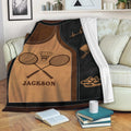 Badminton blanket draped over a sofa with racket, shuttlecock and athletic shoe illustrations