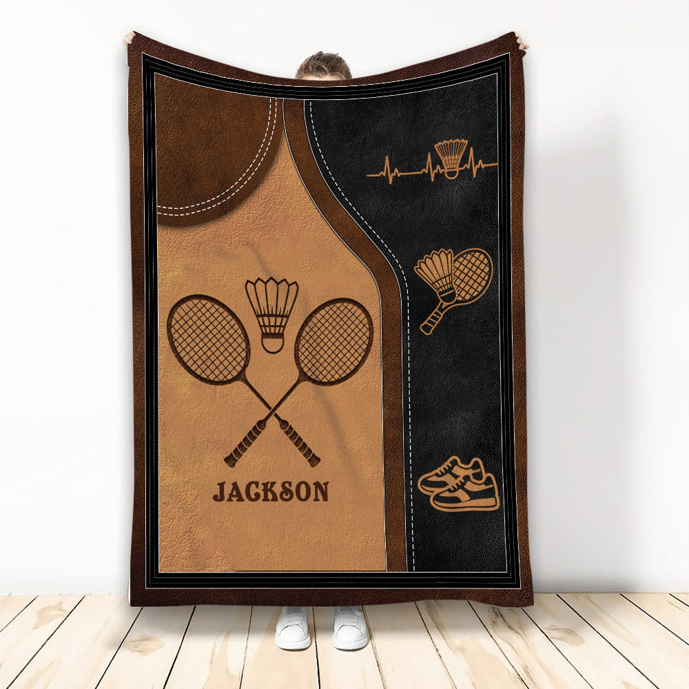 Badminton throw blanket displayed vertically with crossed rackets, shuttlecock, athletic shoes and sports artwork