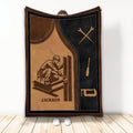 Ironworker throw blanket featuring a steelworker on structural beams with brown, black, and gold tool artwork