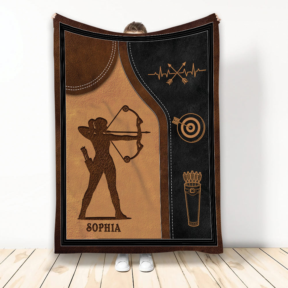 Archery throw blanket featuring an archer silhouette, bow, arrows, target, and rustic leather-look artwork