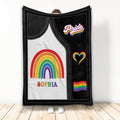 LGBT Pride throw blanket with rainbow arch, heart, flag, and colorful Pride artwork