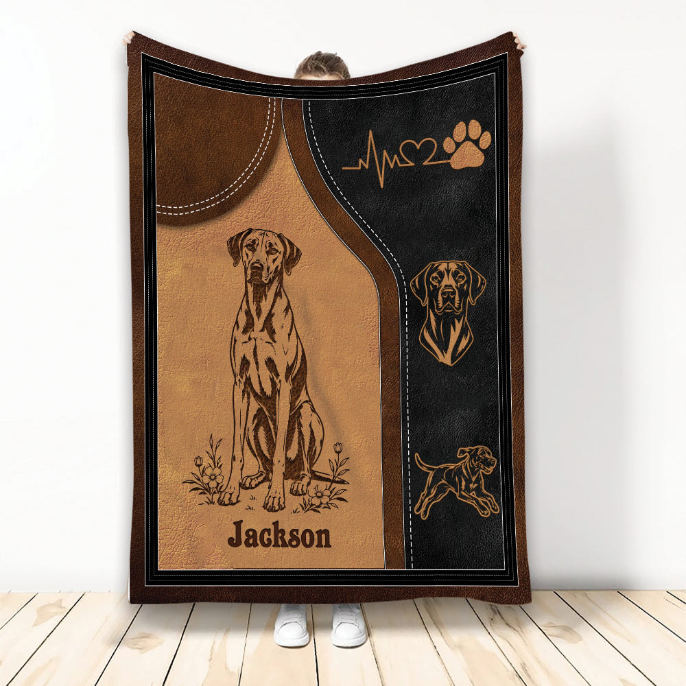 Rhodesian Ridgeback throw blanket with brown and black dog artwork, paw print, and heartbeat design