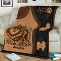 Close-up Pomeranian throw blanket featuring detailed dog artwork and coordinating silhouette accents