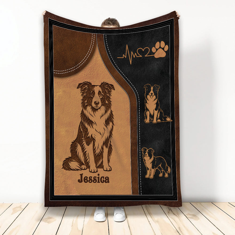 Border Collie blanket displayed upright with sepia dog artwork, paw print, and heart monitor design