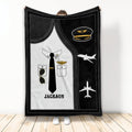 Pilot throw blanket featuring a black and white uniform design, captain hat, tie, sunglasses, and airplane silhouettes