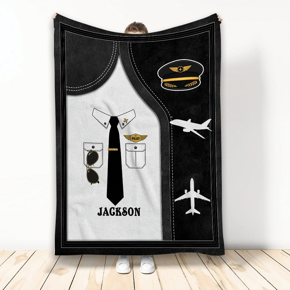 Pilot throw blanket featuring a black and white uniform design, captain hat, tie, sunglasses, and airplane silhouettes