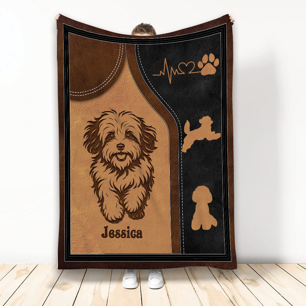 Custom Havanese blanket with fluffy dog artwork, paw print heart motif, and warm brown and black design