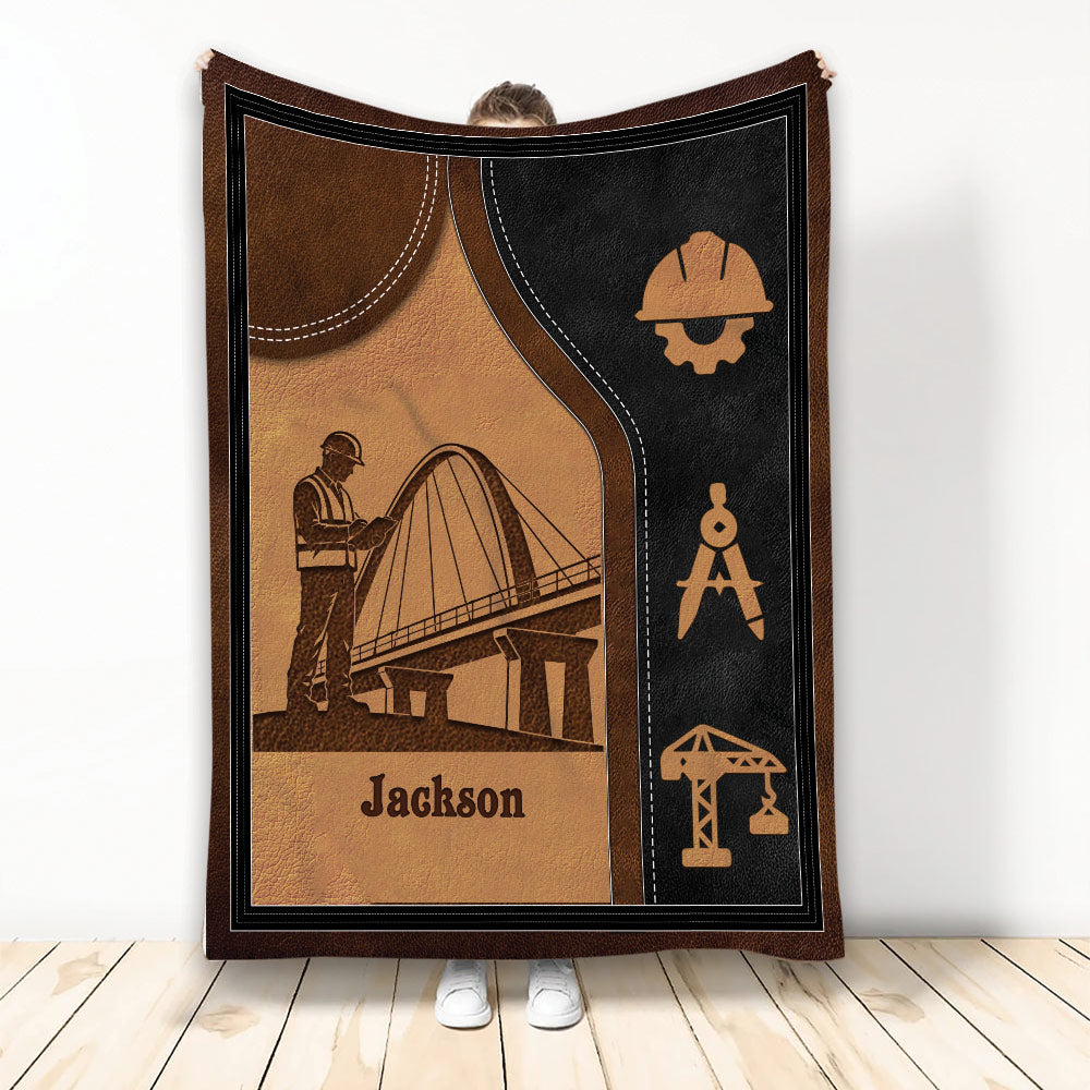 Civil engineer blanket with bridge construction artwork, hard hat icon, drafting compass, and crane design