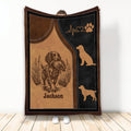 Boykin Spaniel blanket with sporting dog retrieving artwork, paw print motif, and brown and black design