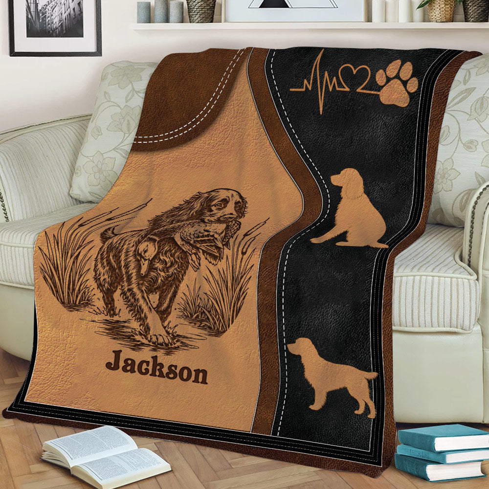 Close view of Boykin Spaniel blanket featuring a spaniel retrieving a bird beside dog silhouettes