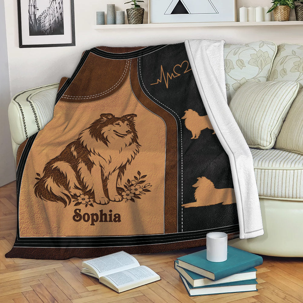 Rough Collie throw blanket displayed on a sofa with warm brown, tan, and black dog artwork